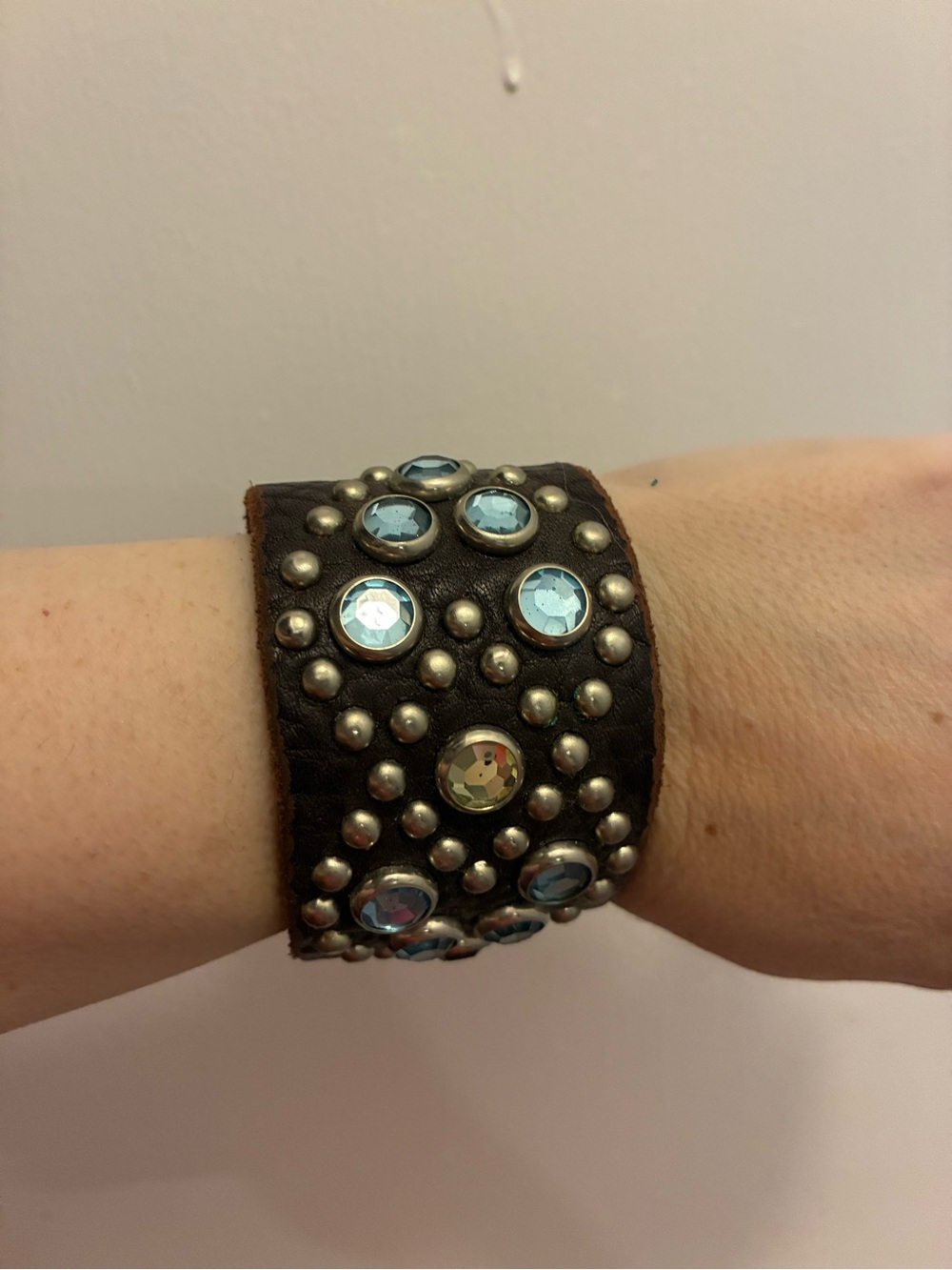 Studded Leather Cuff Bracelet with Blue Rhinestones